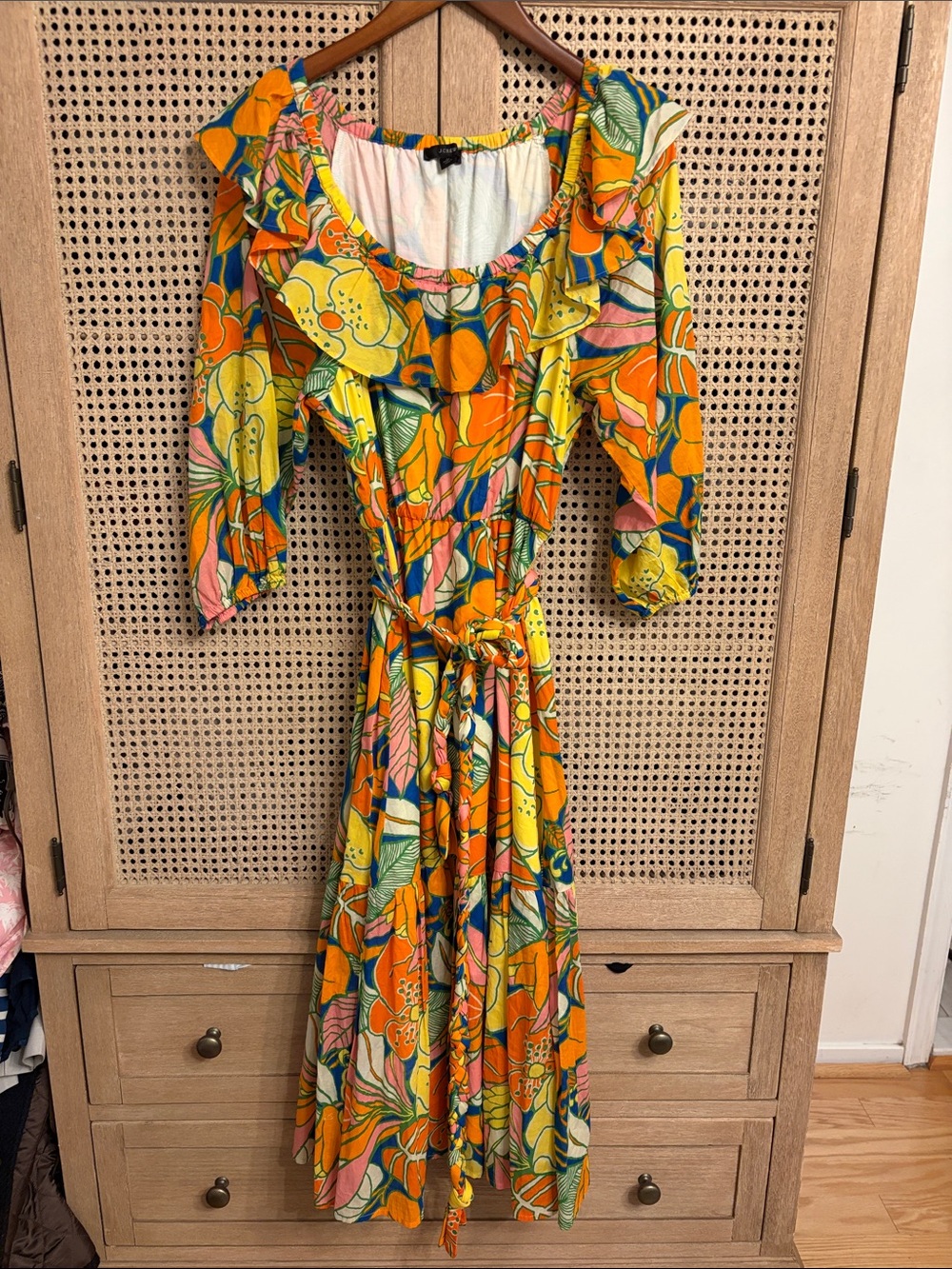 J.Crew Bright Orange Floral Ruffle Midi Dress